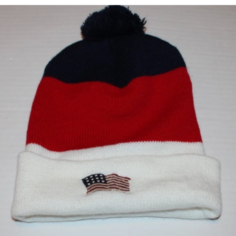 Red White Blue Patriotic Knit Hat American Flag 90's Beanie Cap USA Union Label